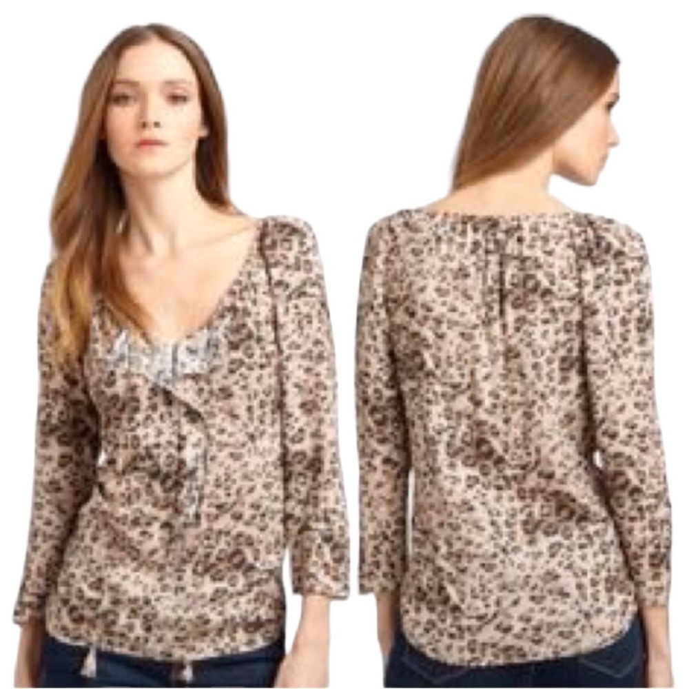 REBECCA TAYLOR Lightweight Cheetah Print Peasant Blouse w/ 3/4 Sleeves Size 2 - Picture 6 of 9